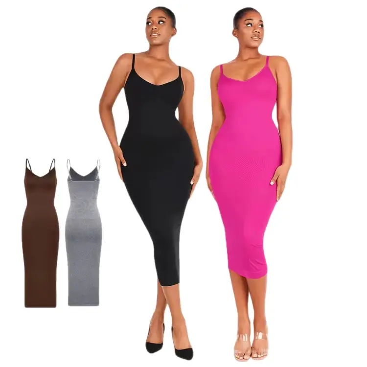 Bodycon Dress for Women Built in Bra Ribbed Midi Dress Sleeveless Bodycon Maxi Dresses Casual 360° waist control  Summer Minimalist Women's Solid