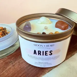 The Moon Heart Aries Zodiac sign soy wax candle made with infused crystals, great for manifestation Aroma Decor Gift Scent Set Fragrance Fruit Hand Standing Woody