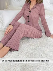 Women's Solid Lettuce Trim Top & Pants Loungewear Two-Piece Set, Casual Comfy Long Sleeve V-Neck Top & Trousers Set, Ladies Sleepwear Pajamas for All Seasons