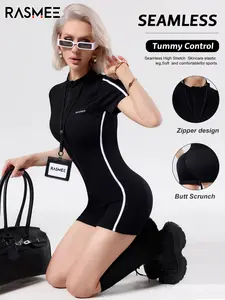 Short Sleeve Zipper Jumpsuit, Slim Fit Design, Durable Comfortable Fabric, Suitable for Daily Wear, Yoga Fitness, Versatile Style