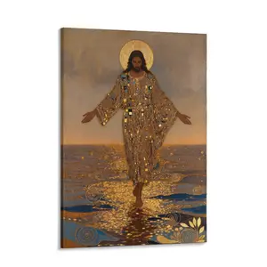 Christian Jesus  Wall Art, Gold Religious Painting Poster, Spiritual Ocean Artwork, Elegant Faith Inspired  Print for Living  Bedroom Prayer  Decor room canvas