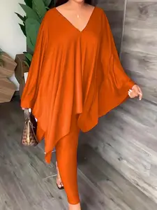 Women's Solid Asymmetrical Hem Cloak Sleeve Top & Skinny Pants Set, Elegant Fashion Casual Deep V Neck Cape Coat & Leggings for Daily Outdoor Wear, Women's Clothing for Spring & Fall, Stretchy Outfit Sets, Womenswear