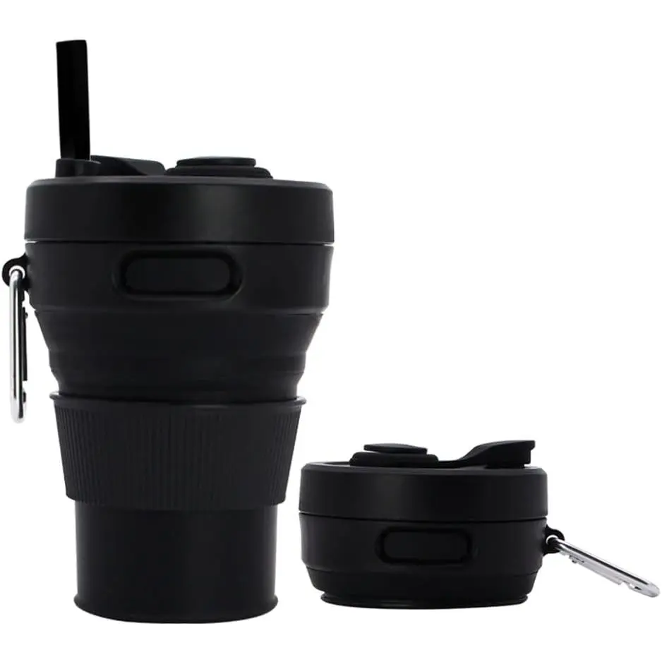 Silicone Coffee Mug Collapsible Cups for Camping Folding Travel with Straw Reusable Portable Drinking Cups Outdoor Hiking 450ml (Black-450ml, 1)