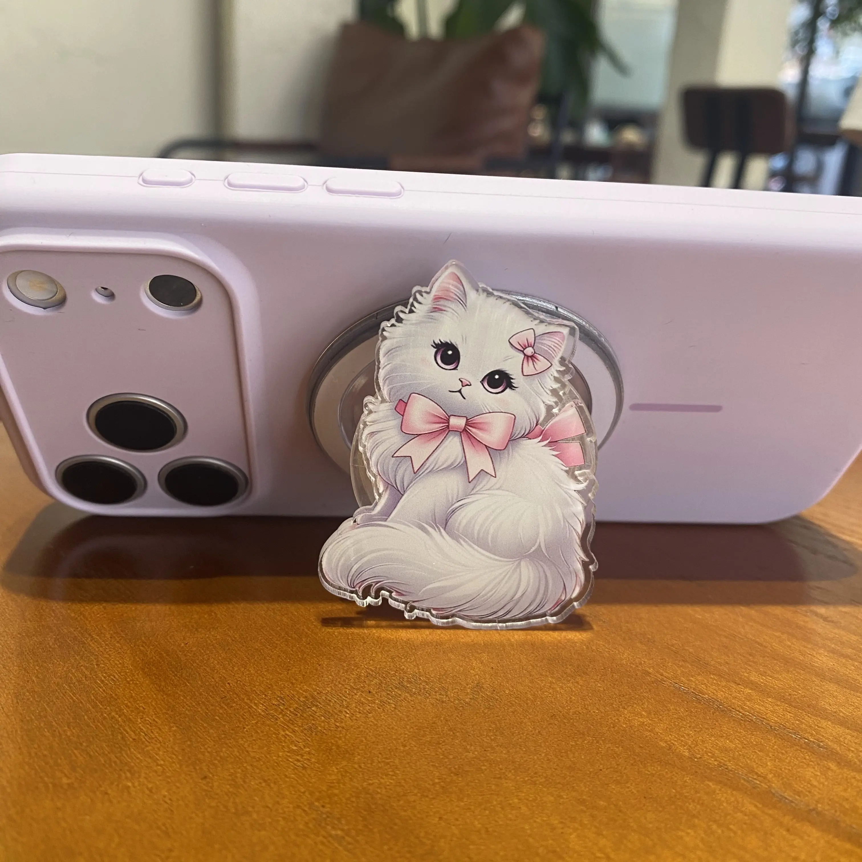 Cute White Fluffy Cat Magnetic Phone Grip - Pink Bow Acrylic Phone Holder & Kickstand - Girly Cat Lover Gift