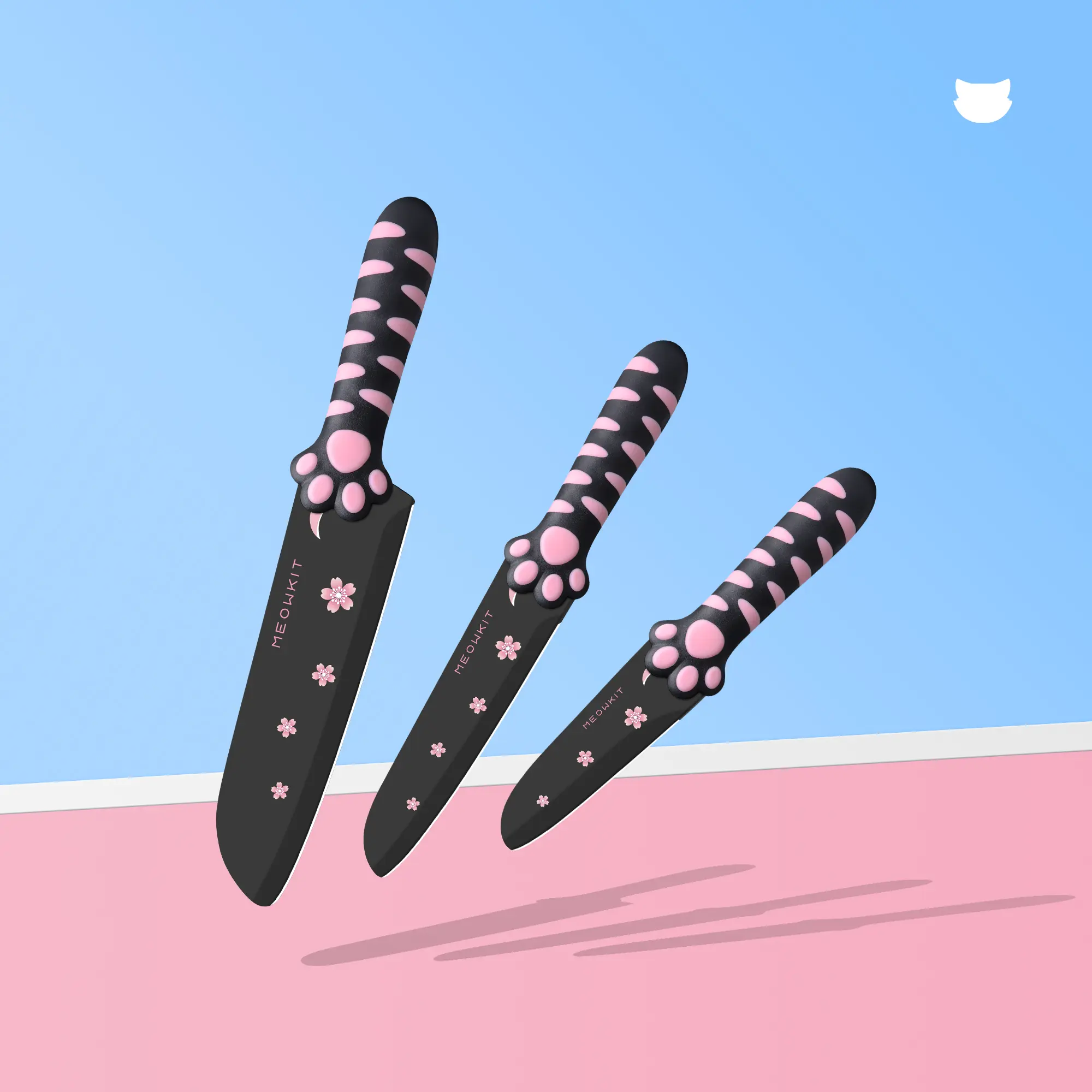 Meowkit 3-Piece Non-Stick Coated Cooking Knives Set - Paring, Utility, and Santoku Styles Kitchenware