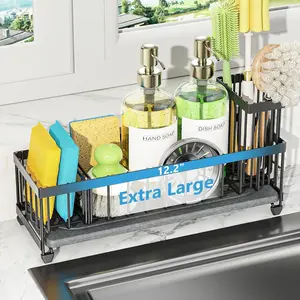 Extra Large Sink Caddy Organizer with Drying Stone, Black Sponge Holder for Kitchen, Dish Brush Holder for Countertop, Kitchen Decor Storage and Essentials