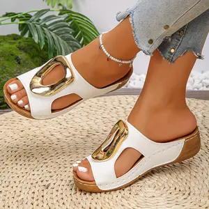 Women's Fashion Large Buckle Wedge Slippers, Women Shoes Casual Slide Sandals Leather Strap Sandals