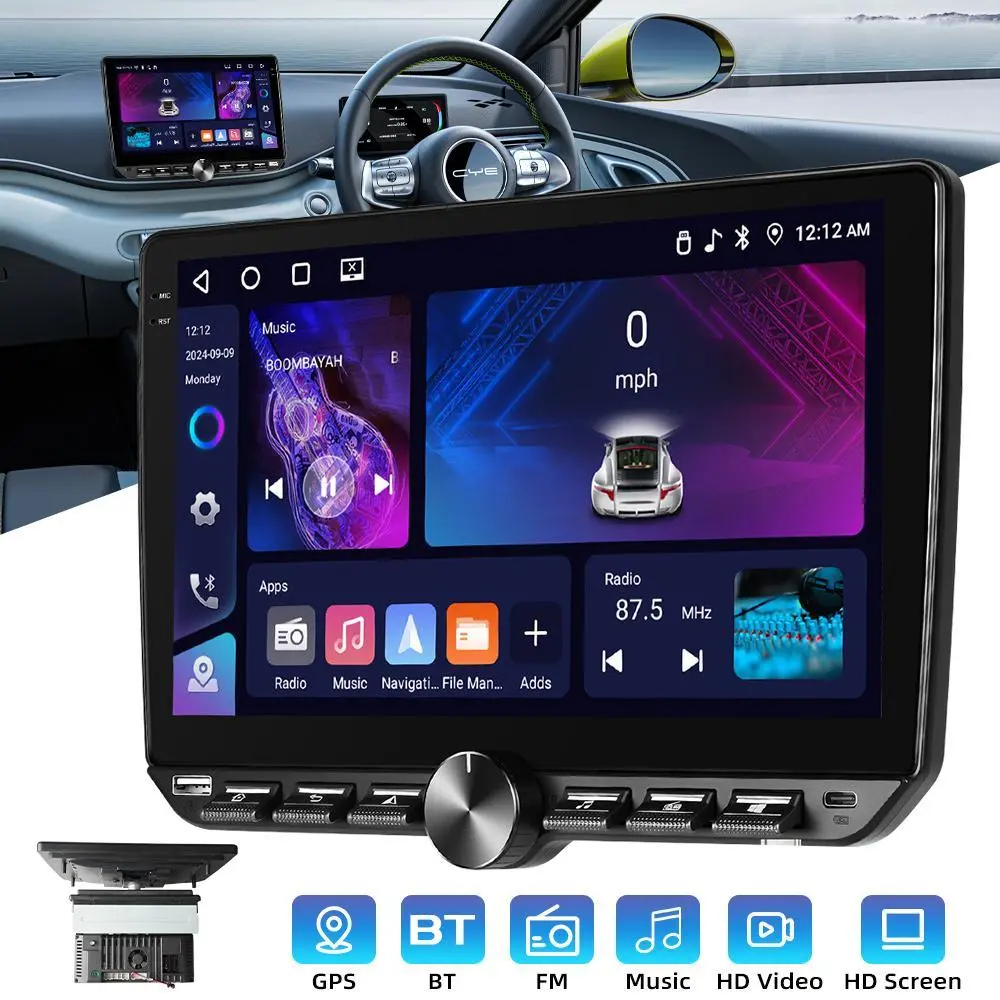 360-Degree Rotatable MP5 Car Stereo, Android 15, 4GB RAM 64GB ROM, Bluetooth 5.0, FM/RDS, 6 RCA Output, Touchscreen & Knob Control, Wireless CarPlay & Android Auto Adapter, Car Accessories