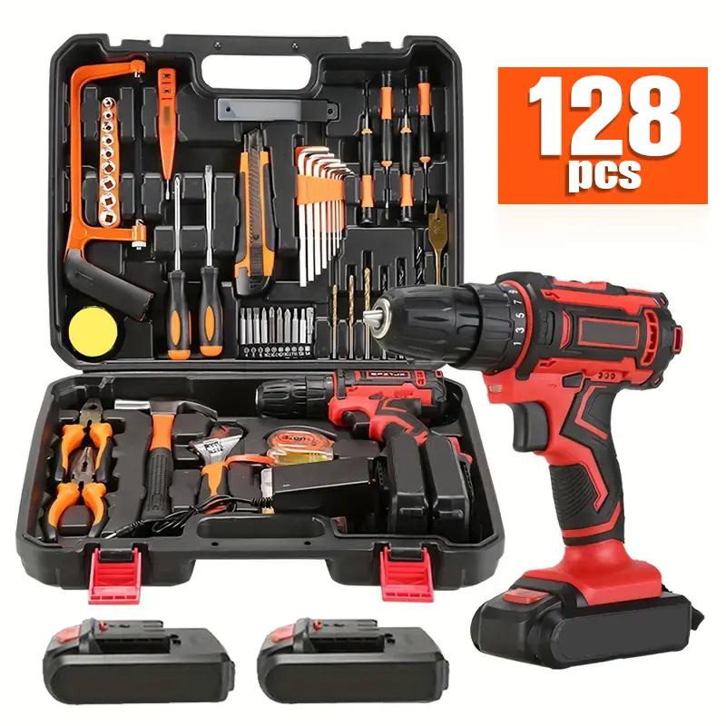 128Pcs 36V Cordless Power Drill Set, Electric Drill Set with 2 Battery - Household Tools Set, Cordless Impact Wrench, Hand Tool Set Kit, Ratcheting Screwdriver Set, Cordless Electric Screwdriver Kit, Easy to Use Valentines Day Gift
