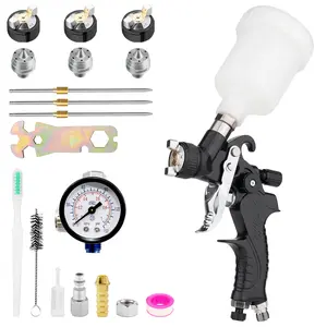 Mini HVLP spray gun with 0.5/0.8/1.0 mm nozzles and 125cc paint cup. Pneumatic automotive spray gun for car painting, primer, varnish and surface coating. Perfect for detailed repair work, small and lightweight, black finish.