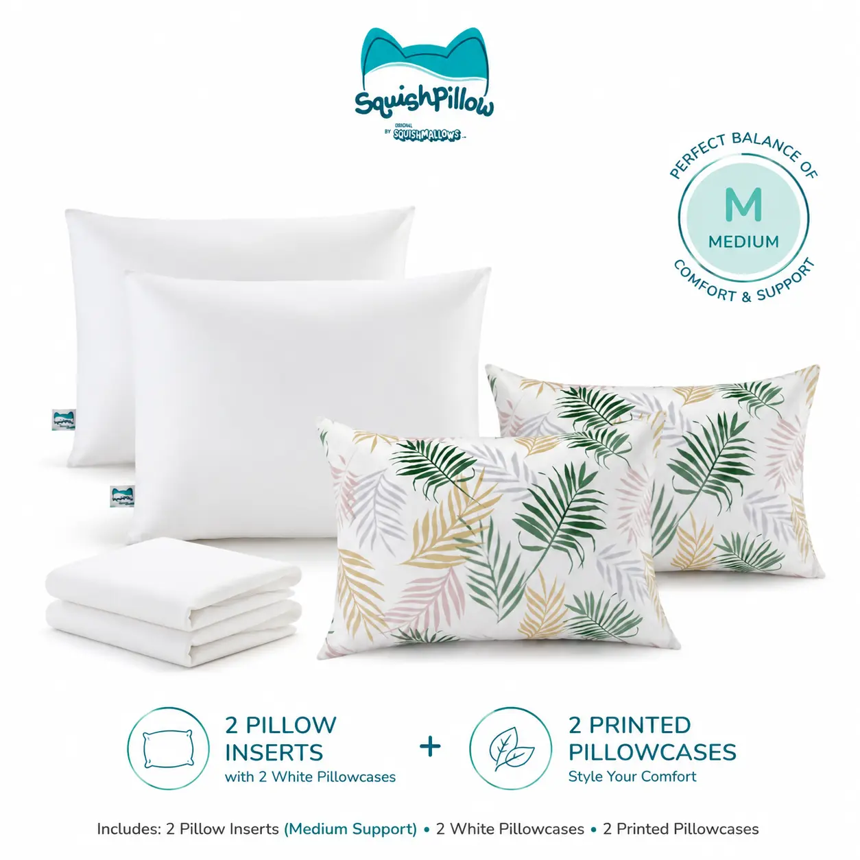 SquishPillow 2-Pack Ergonomic Support Bed Pillows Medium/Firm with 2-Pack Super Soft Vibrant Print Standard Pillowcases