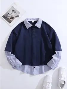 Men's Fake Two-Piece Striped Collar Polo Shirt, Long Sleeve Layered Pullover, Casual Aesthetic Streetwear Top for Daily Wear