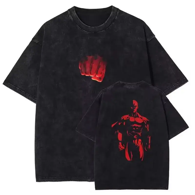 valentine shirts ONE PUNCH-MAN Saitama Cool Printed Washed Tshirt Men Manga Vintage T-shirts Harajuku Clothes