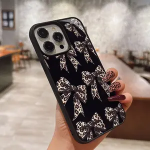 Stylish Leopard Print Bow Acrylic Glossy Hard Case Shockproof Phone Case Cover - for iPhone models 17 Air, 17 Pro Max, 11, 12, 13, 14, 15, 16 PRO, Plus Max, XR, 16 Pro Max, 12 Pro, 16 Plus and Samsung Galaxy models S20 FE, S21, S22, S23, S24/25 and