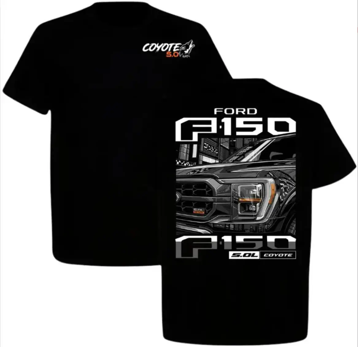 Men's Black Ford F150 Coyote 5.0 Engine Graphic Cotton Short-Sleeve Crewneck T-Shirt - Casual Classic Street Style Tops, Personalized Premium Automotive Apparel for Truck Enthusiasts