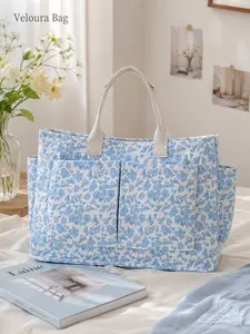 1pc Blue Floral Tote Canvas Bag for Women, Lightweight Versatile Tote, Large Capacity Multi-Pocket Handbag, Lightweight Shoulder Bag with Organized Storage for Phone, Tablet, Bottle & Essentials, Perfect for Work, Travel, Shopping, Daily Use, Holiday Gift