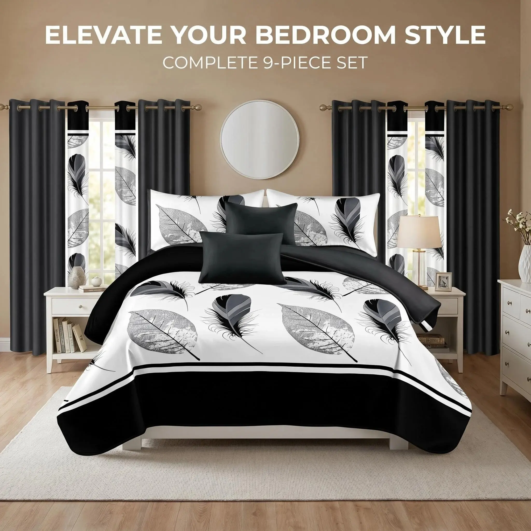 Reylox 9-Piece Luxury Microfiber Bedding Set - Classic, Breathable Bamboo-Cotton Blend, Comfy Super Soft, Black and White Design, Includes Bedspread, Curtain, Pillowcases, All Seasons, Farmhouse Bedroom Decor, With Gift Bag