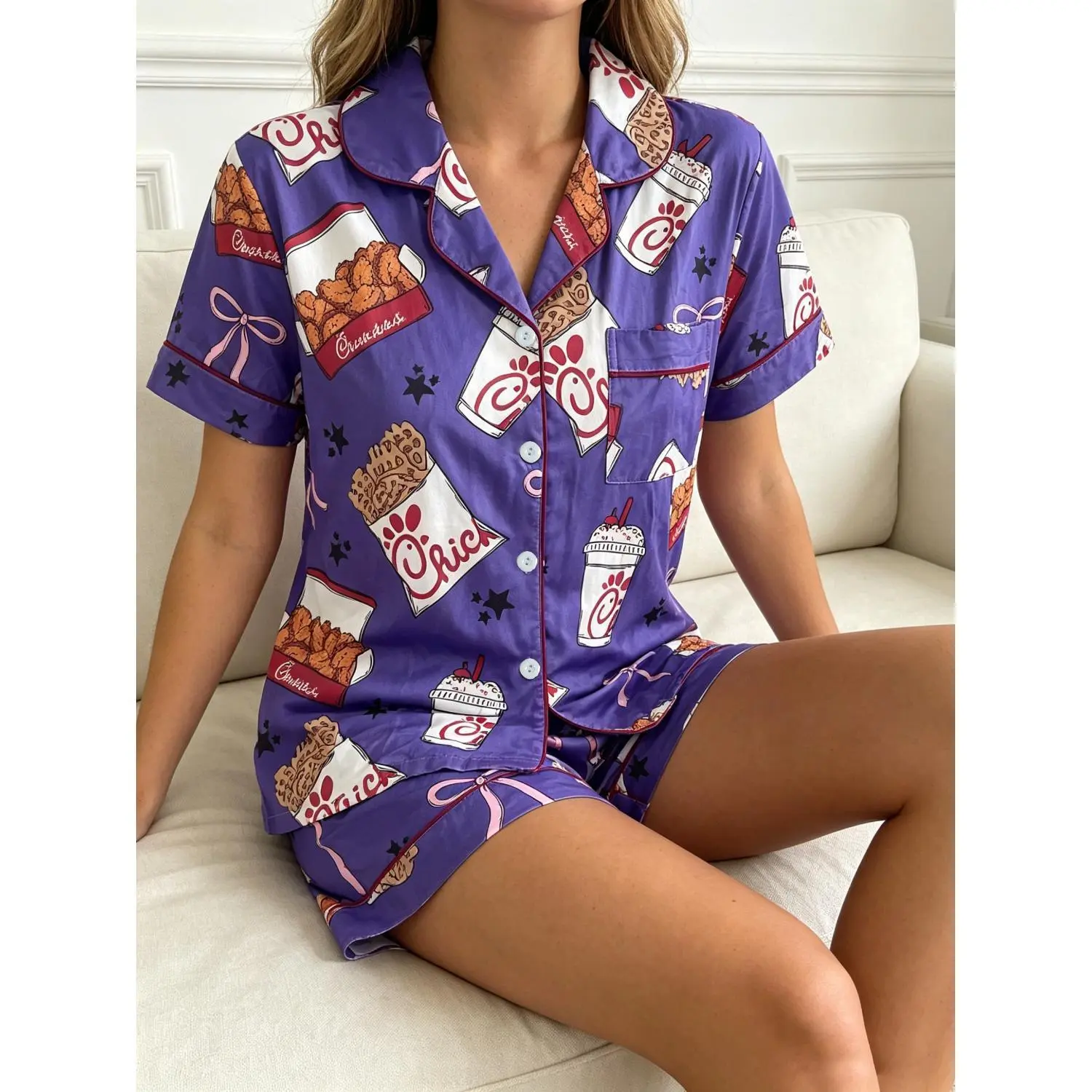 Ladies' Sleepwear Set with Drink and Bow Print Design – Comfortable Nightwear, Perfect Gift for Her