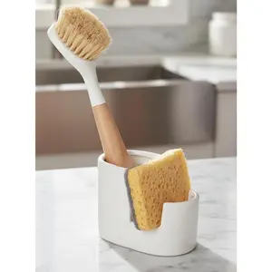 Ceramic Sponge Holder for Kitchen Sink, 2-in-1 Sponge & Brush Organizer, Compact Countertop Sink  with Raised Edge to Catch Drips, Keeps Countertops Dry, Dishwasher Safe, Rustproof, White