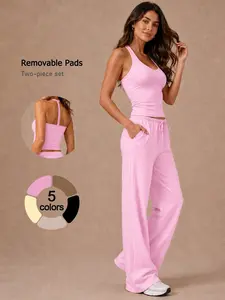 Women's 2-Piece Set Cooling Athletic Set Tank Top and Wide Leg Pants Outfit Breathable Quick Dry High Stretch Activewear with Adjustable Drawstring Removable Pads Yoga Set for Gym Travel Airport Streetwear Casual Fashion Lounge Wear