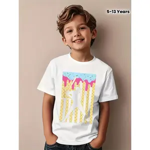 Cute Boys' T-Shirt with a Fun Baseball Ice Cream Drip Pattern, Stylish Streetwear Top, Trendy Short-Sleeve Shirt for Kids