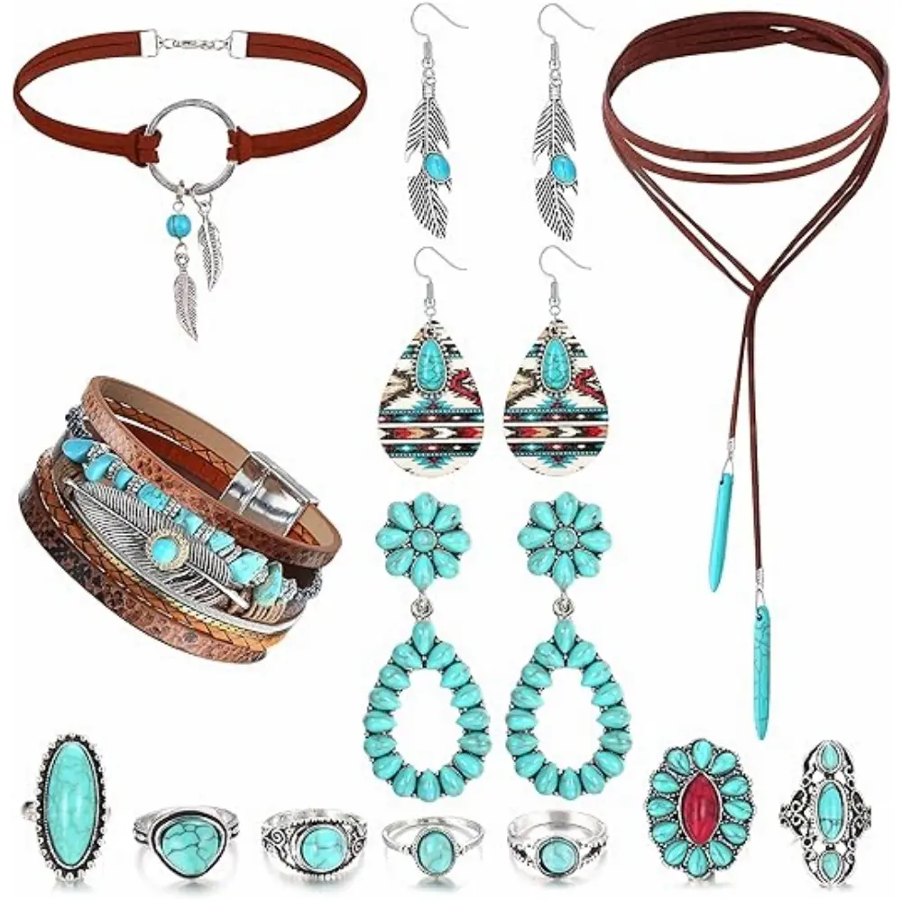 Western Bohemian Jewelry Set for Women - Turquoise Faux Leather Cuff Bracelet, Pendant Choker Necklace, Hoop Dangle Earrings, and Joint Knuckle Rings summerwins