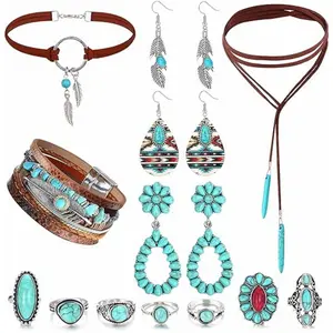 Western Bohemian Jewelry Set for Women - Turquoise Faux Leather Cuff Bracelet, Pendant Choker Necklace, Hoop Dangle Earrings, and Joint Knuckle Rings