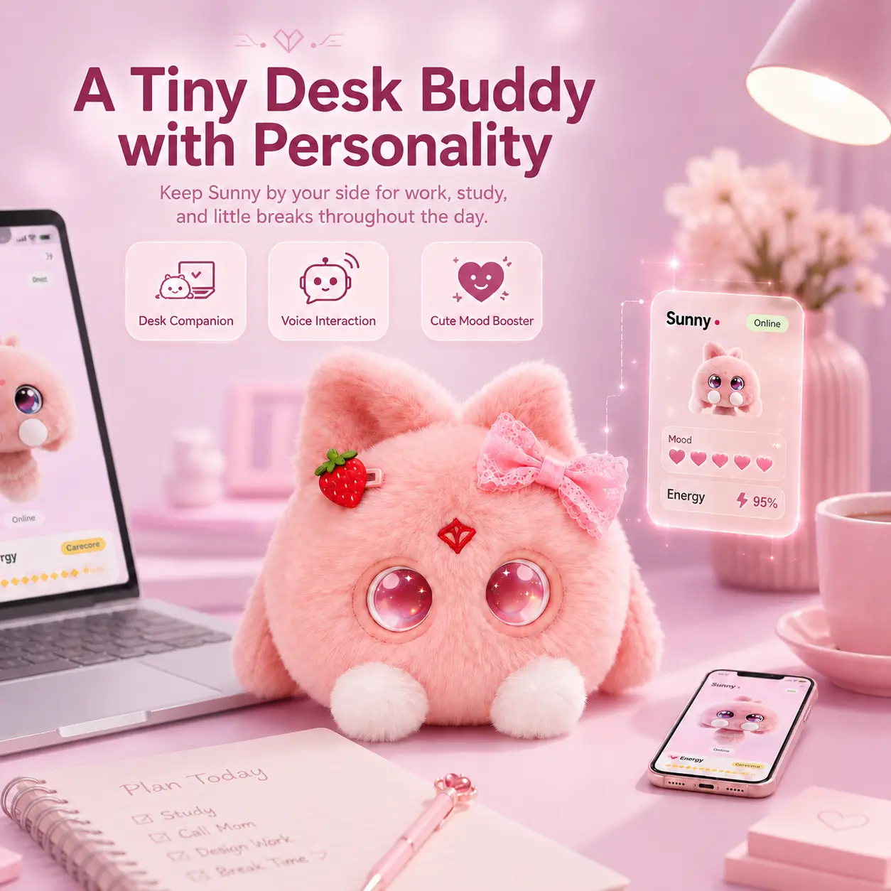 OKIVIVI AI Plush Buddy — Cute Talking Stuffed Animal with LED Eyes, Interactive Voice Chat & Memory Toy for Girls & Women
