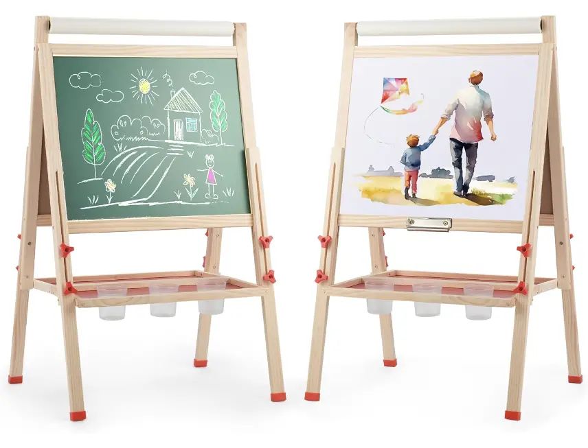Rengue All-in-One Art Easel for Kids with Paper Roll, Adjustable Double Side Art Drawing Standing Chalkboard for Toddlers 3-12, Boy & Girls Gift & Art