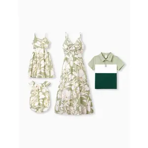 Mommy & me Outfits Tropical Floral Print Strap Dress or Short-sleeve Colorblock Shirts Set Pale Green