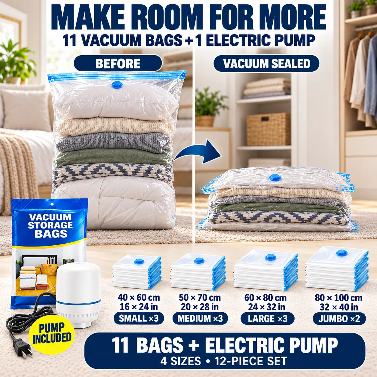 11 Pack Vacuum Storage Bags with Electric Pump, 4 Sizes Space Saver Vacuum Compression Bags for Clothes, Comforters, Blankets & Bedding, Reusable Storage Bags for Home, Closet, Moving & Travel