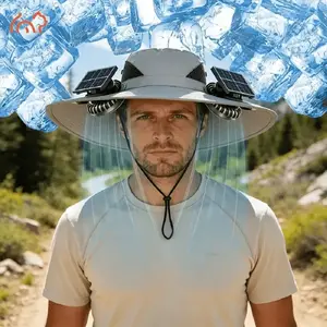 Solar fan cap, UV resistant outdoor wide brimmed fisherman's cap, with 180 ° adjustable fan, UPF50, USB and solar power supply, suitable for beach, camping, outdoor, fishing