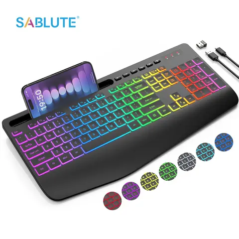 SABLUTE KN213 Ergonomic Design Computer Keyboard - Wireless Rechargeable Batteries, 7-Color Backlight with 3 Modes, Non-Bluetooth, Silent Keys, 2.8" Wide Soft Membrane Wrist Rest (54%+ Support), Phone Holder for Night Use