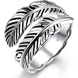 Silver Feather Ring with Black Onyx & Turquoise - Adjustable Stacking Vintage Statement Ring for Women & Men