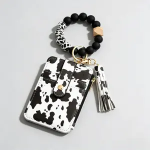 Silicone Bracelet Wristlet Wallet Credit Card Holder Leather Purse Keychain ID Window | Stylish Beaded Bracelet, Tassel Detail, Slim Design for Women - Perfect for Shopping, Errands & Daily Use