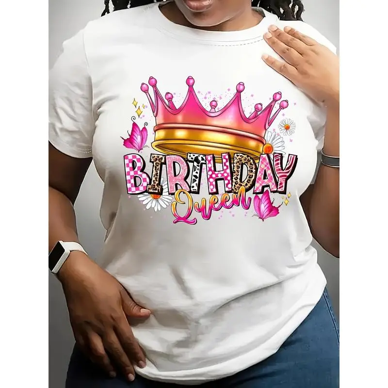 Women's Birthday Queen Graphic Tee, Retro Short Sleeve Round Neck in Soft Cotton, Casual Statement Piece for Parties