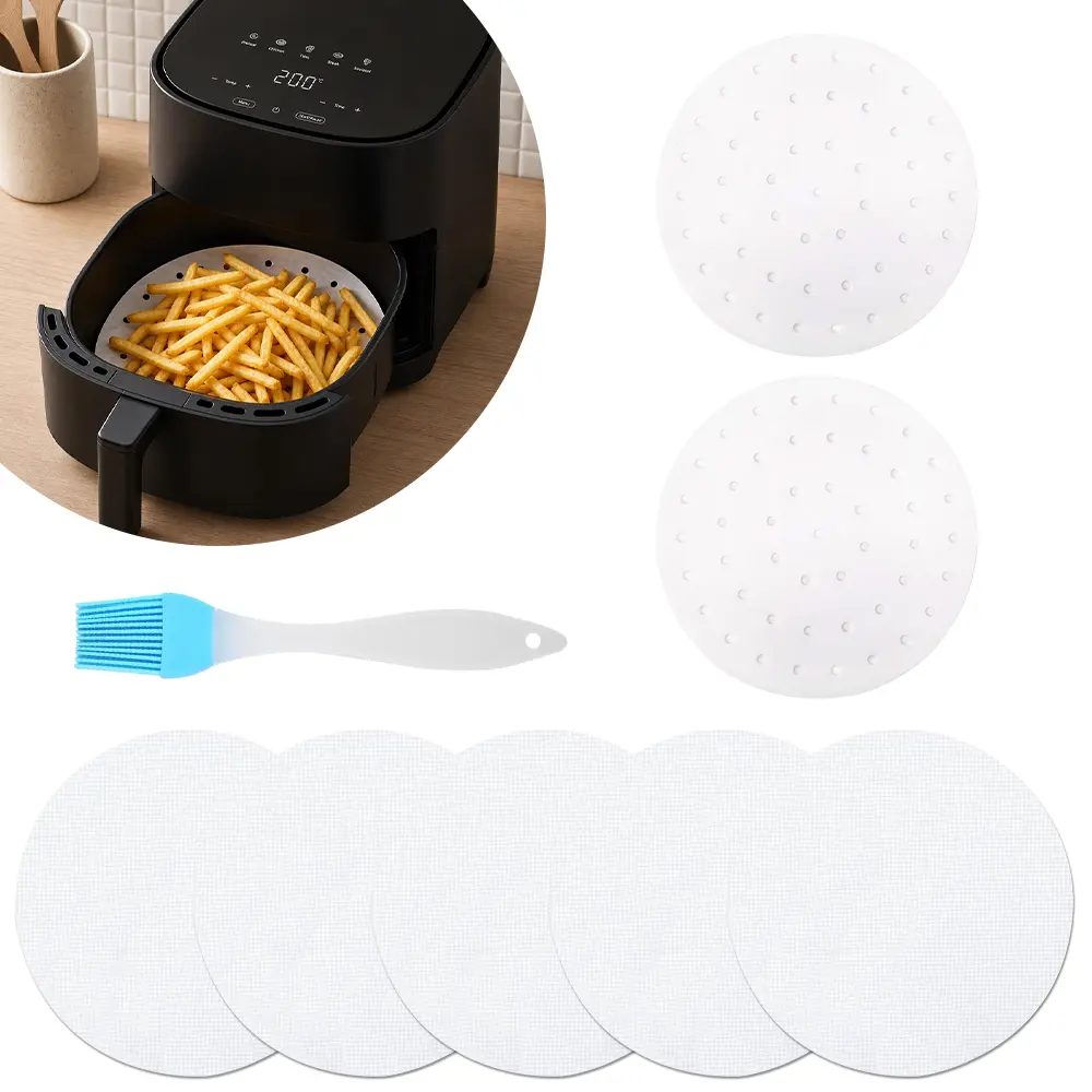 200Pcs 9in Perforated Air Fryer Liners, Non-Stick Disposable Parchment Sheets, Dual-Use Bamboo Steamer Mats, Fits 5.3QT & 5.8QT Air Fryer Baskets, Ideal for Steaming, Baking