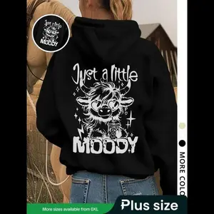 【Plus Size】 Cartoon Highland Cow & Letter Print Hoodie, Fashion Casual Hooded Sweatshirt for Daily Holiday Outdoor Wear, Women Clothing for Fall & Winter Fit Womenswear Everyday Feminine Curvy Garment
