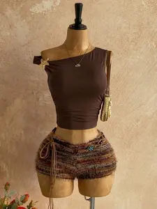 INAWLY New Casual Vacation Western Beach Wedding Guest Attire, Graduation Brunch, St. Patrick's Day, Spring Break, Easter, Music Festival, Elegant Boho Tropical Fuzzy Textured Brown Knit Asymmetrical Shoulder Floral Backless 2 Pieces Set For Women,Cheeta