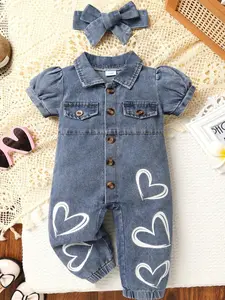 2pcs,Baby Girl Clothing,Casual,Elegant,Cute,Soft,Comfortable,Heart-print blue button-down collar puff-sleeved denim jumpsuit and headband,Toddler girls clothes,Suitable summer for everyday wear,vacations,parties,photo shoots,outdoor activities