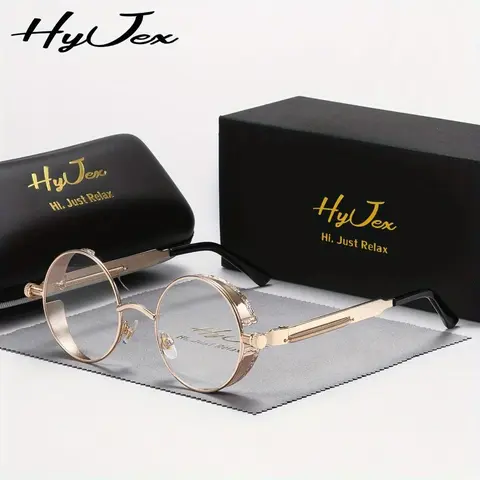 HyJex retro punk glasses unisex round metal personalized flat mirror