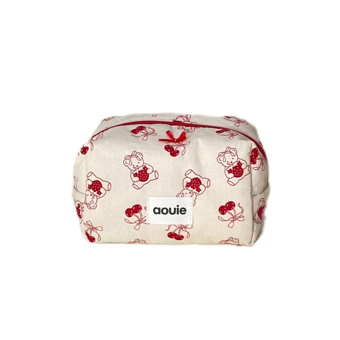 Cute Teddy Bear Strawberry Makeup Bag – Aesthetic Cosmetic Pouch, Small Travel Makeup Organizer for Purse, Kawaii Beauty Bag for Daily Essentials