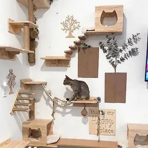 Wall Mounted Cat Climbing Shelf Steps Wall Furniture Stairway With Sisal Rope Scratching Post Cat Tree &Cat Jumping Platform&Cat Hammock