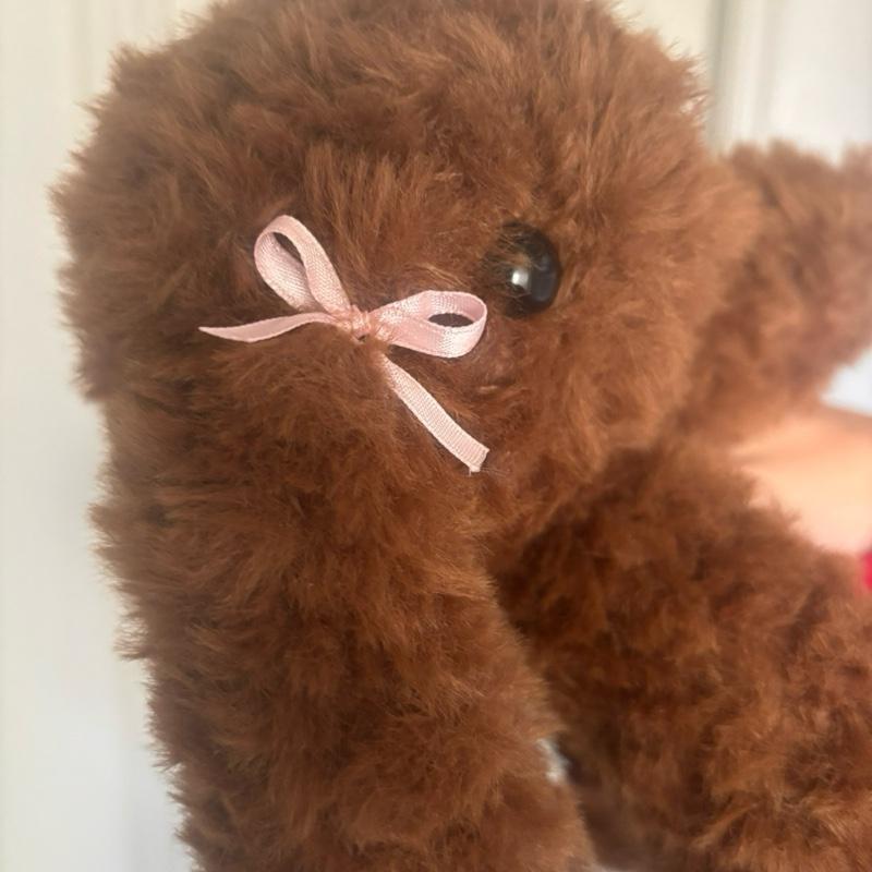 Handmade Crochet Fluffy Bunny With Pink Ribbon Bows Soft Brown Yarn Durable Safety Eyes Cozy Gift Decor
