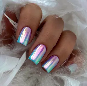 Aurora Chrome Press On Nails | CurvLife Nail | 24pcs Medium Square Fake Nails | Iridescent Mirror Finish | Easy Apply, Comfortable Wear | Daily & Business Nail Art