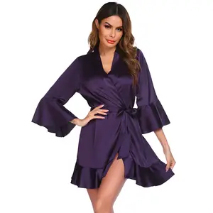 Women's Satin Robe Pure Color Short Kimono Robes Ruffle Hem Oblique V-Neck Bridesmaid Wedding Party Bathrobes Elegant Silk Womenswear Bottom Birthday Bridal Comfortable Day Gown