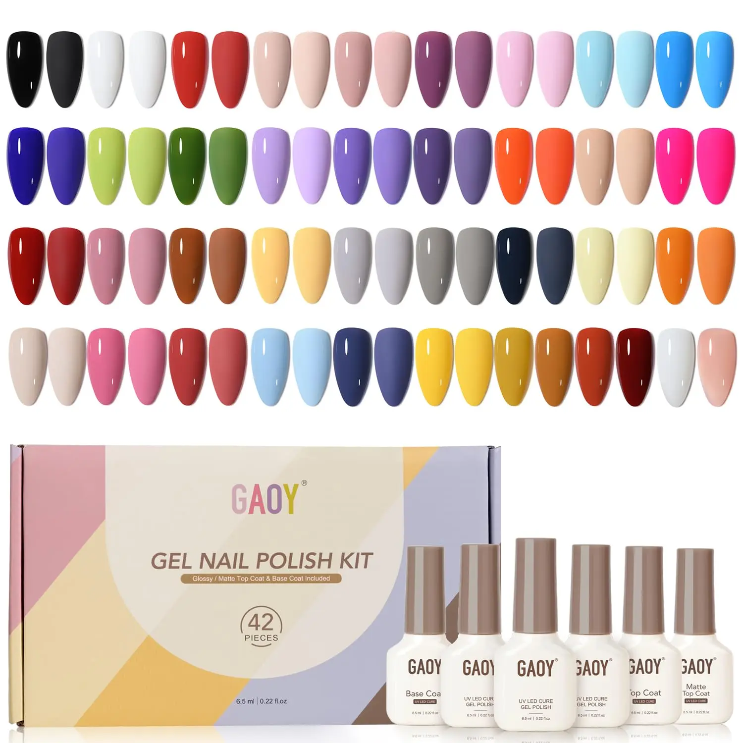 GAOY 42 Pcs Gel Nail Polish Set, 39 All Seasons Colors, UV Gel, Series-B | With Base Coat, Glossy & Matte Top Coat, Pink White Red Jelly Nude Colors, UV/LED Cure Required, DIY Manicure at Home