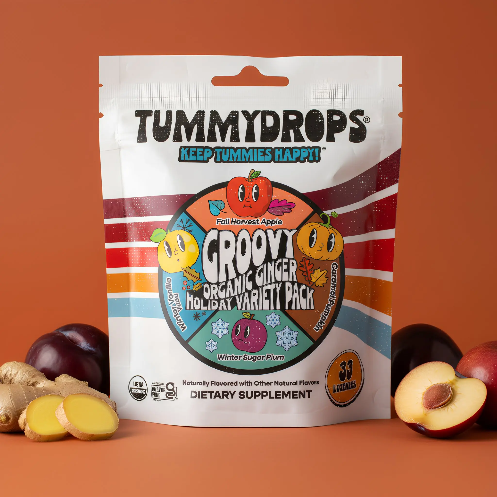 Groovy Ginger Holiday Variety Pack Tummydrops - Organic Natural Vanilla Nausea Relief Candy Snack Lozenges, Everyday Yes, 33ct Bag