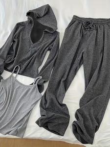 women's solid longsleeves hoodie & wide leg trouser & cami top set, casual soft fashion cozy breathable three-piece outfits for daily outdoor wear, ladies clothes for spring, pants matching sets for women, stretchy outfit sets, yoga clothes set