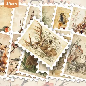 36pcs Vintage Forest Animal & Plant Healing Decorative Stickers Pack | Gentle Vinyl Decals with Watercolor Wildlife & Floral Designs | for Laptop, Water Bottle & Gift | for Nature Lovers & Calm Vibe Enthusiasts